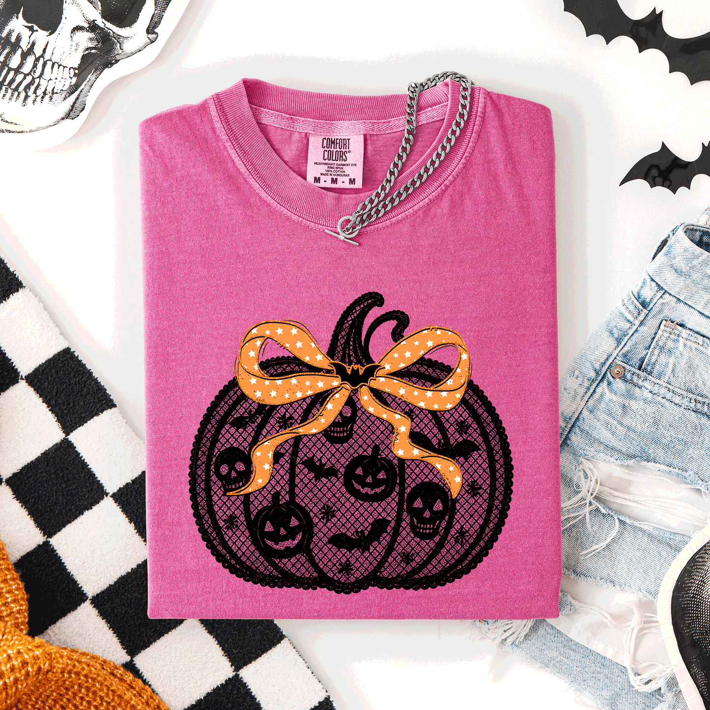 Halloween Pumpkin, Faux Lace, Coquette, Ribbon, Bows, Comfort Colors T-Shirt