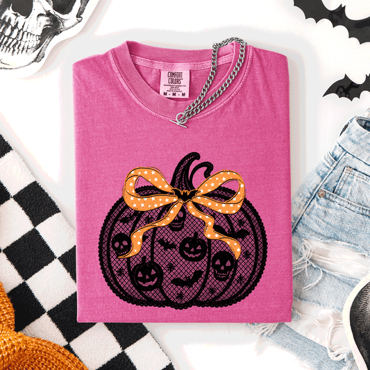 Halloween Pumpkin, Faux Lace, Coquette, Ribbon, Bows, Comfort Colors T-Shirt