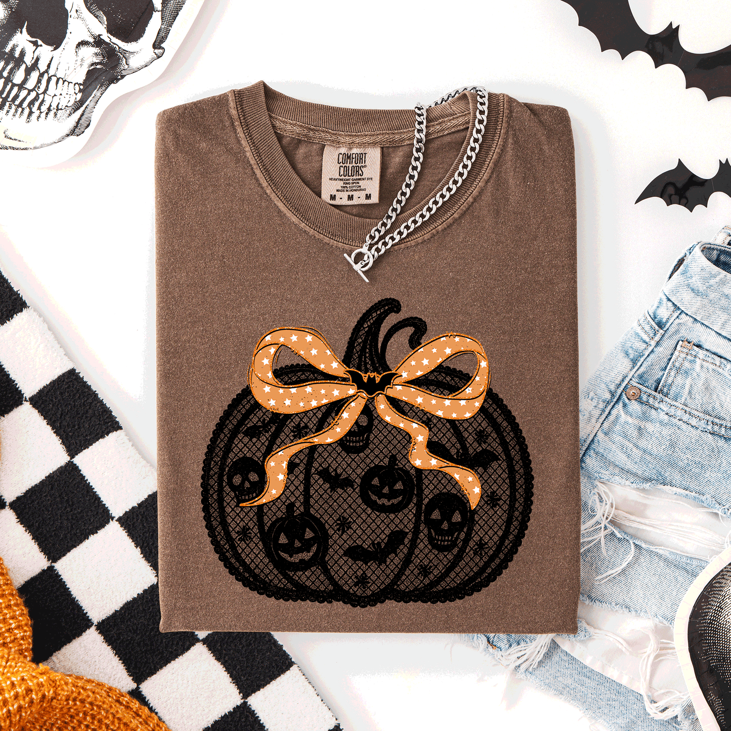 Halloween Pumpkin, Faux Lace, Coquette, Ribbon, Bows, Comfort Colors T-Shirt