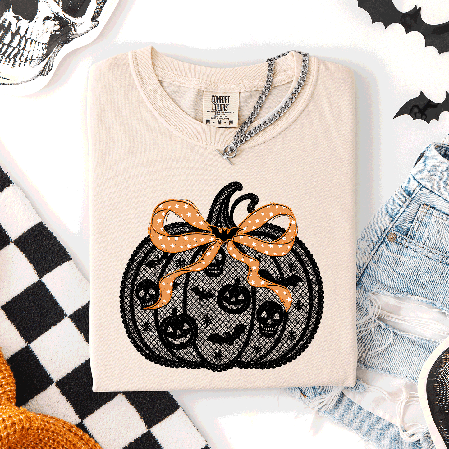 Halloween Pumpkin, Faux Lace, Coquette, Ribbon, Bows, Comfort Colors T-Shirt