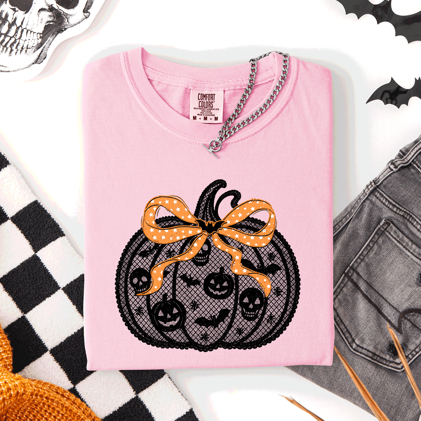 Halloween Pumpkin, Faux Lace, Coquette, Ribbon, Bows, Comfort Colors T-Shirt