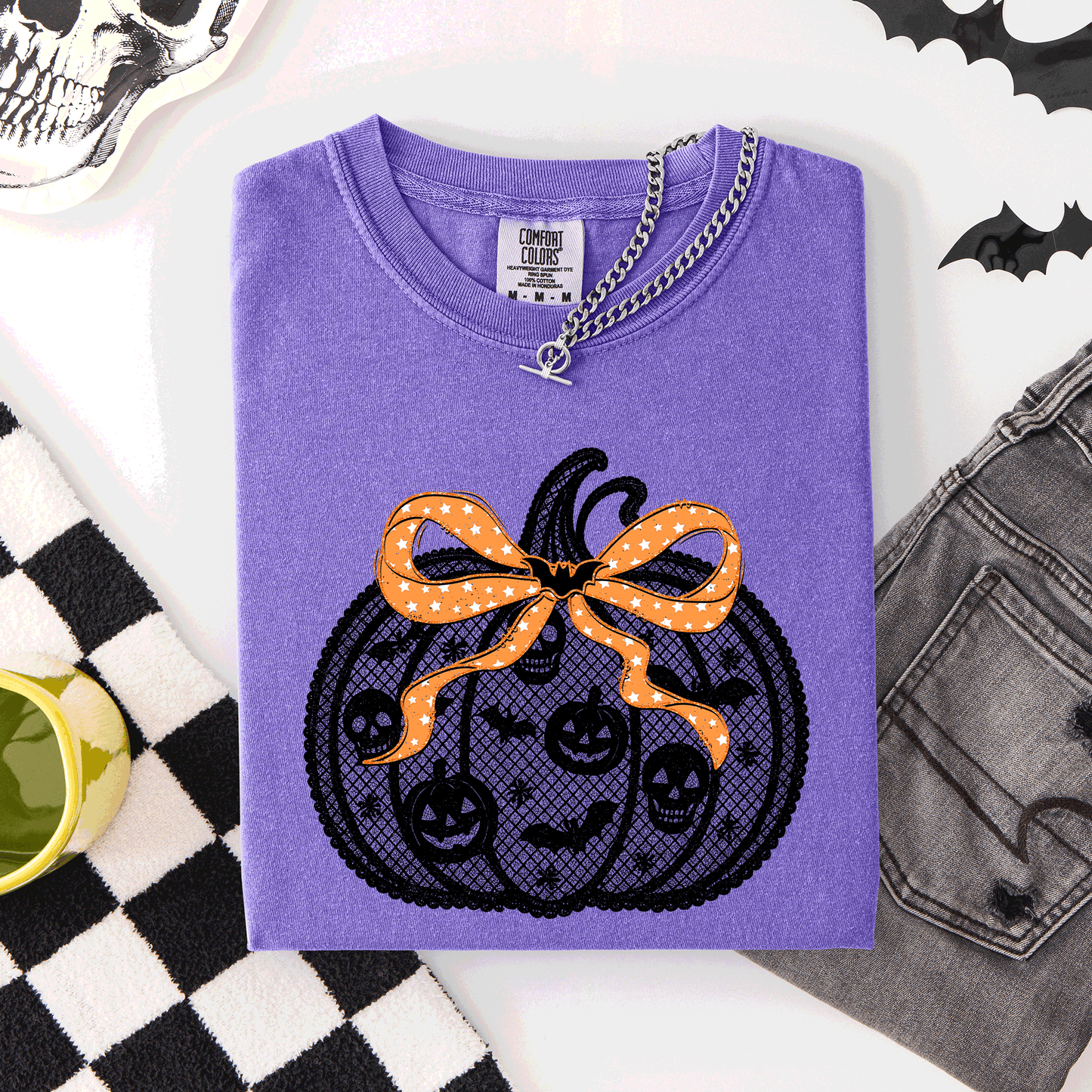 Halloween Pumpkin, Faux Lace, Coquette, Ribbon, Bows, Comfort Colors T-Shirt