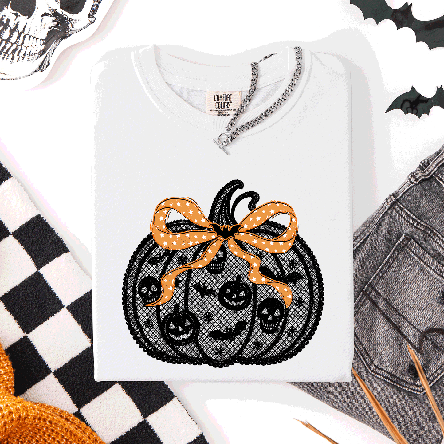 Halloween Pumpkin, Faux Lace, Coquette, Ribbon, Bows, Comfort Colors T-Shirt