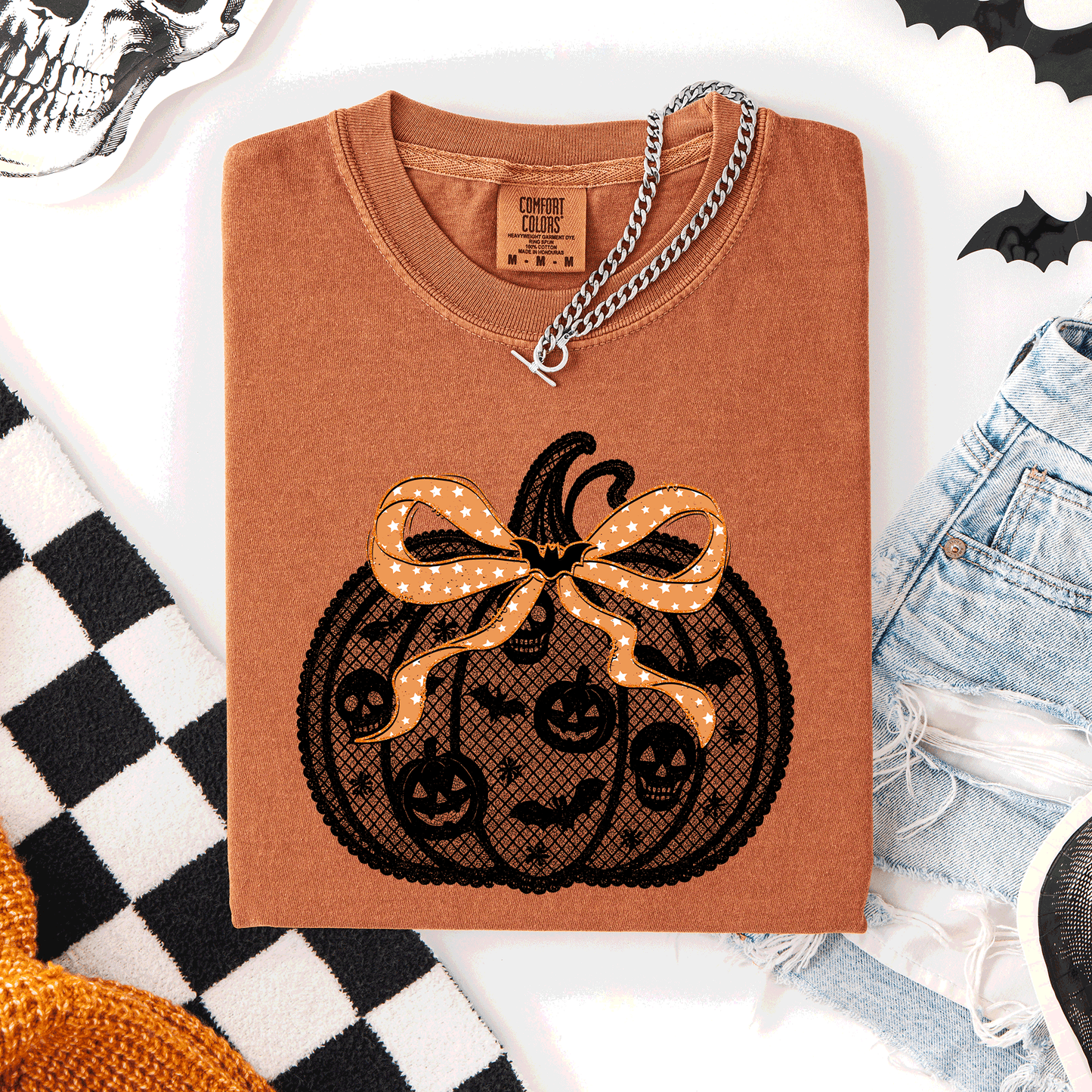 Halloween Pumpkin, Faux Lace, Coquette, Ribbon, Bows, Comfort Colors T-Shirt