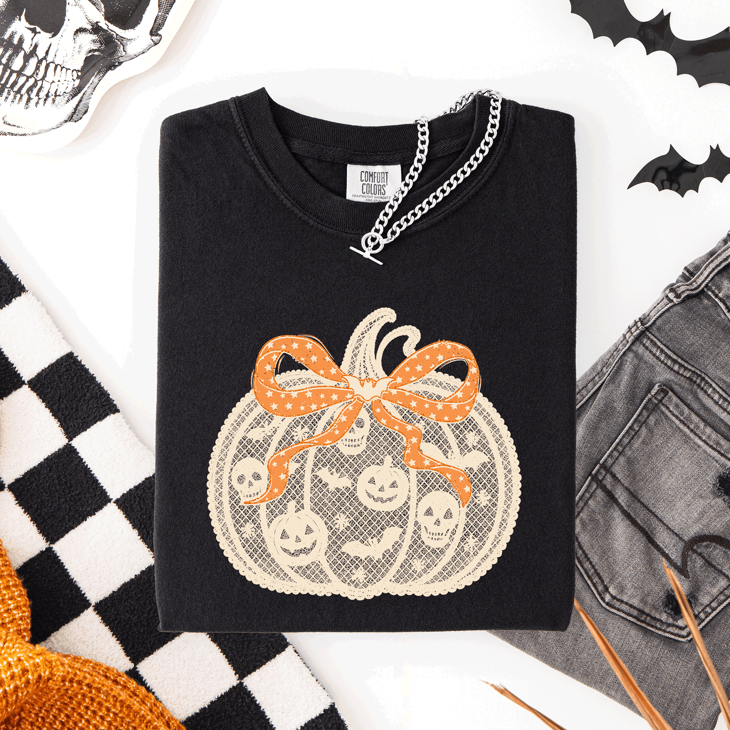 Halloween Pumpkin, Faux Lace, Coquette, Ribbon, Bows, Comfort Colors T-Shirt