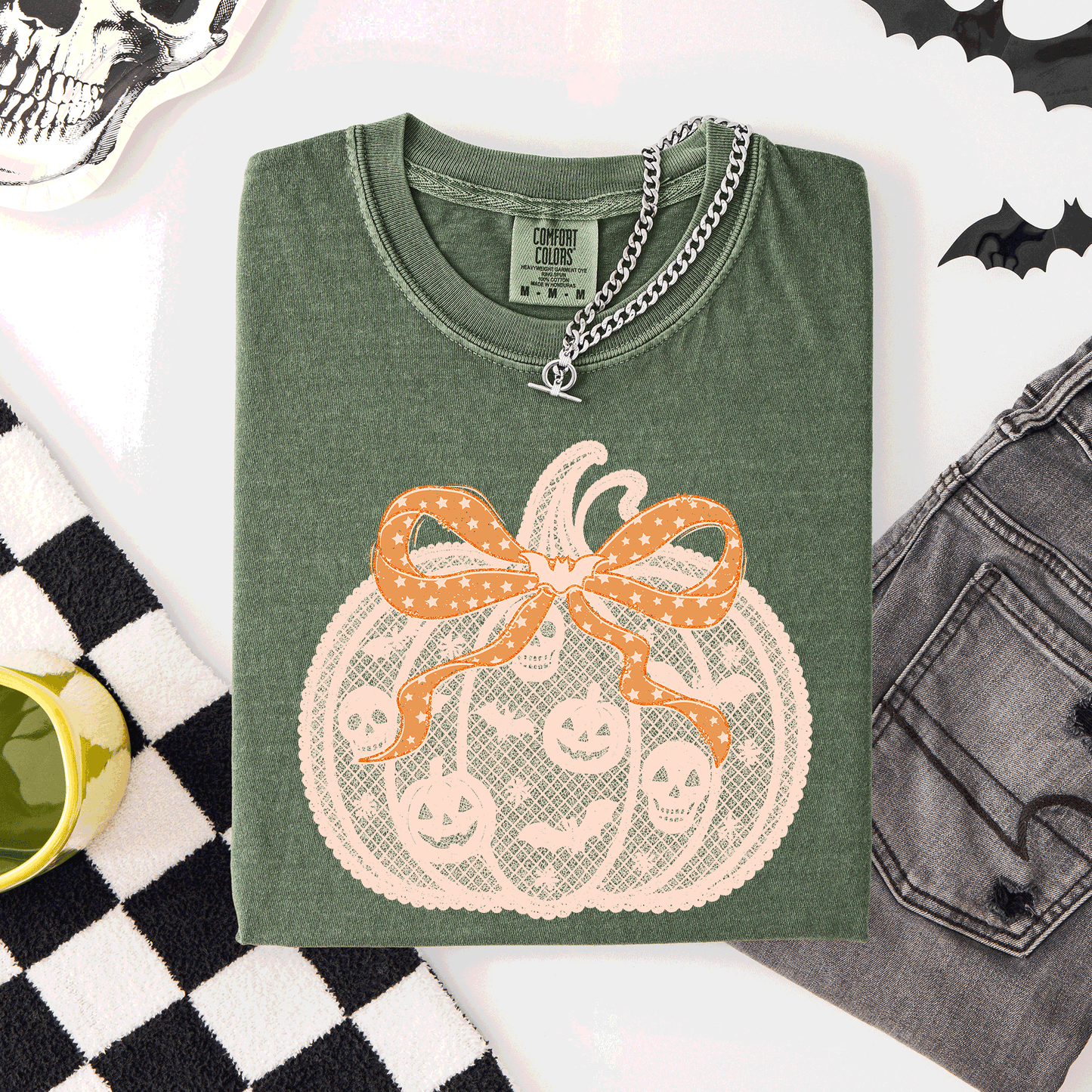 Halloween Pumpkin, Faux Lace, Coquette, Ribbon, Bows, Comfort Colors T-Shirt