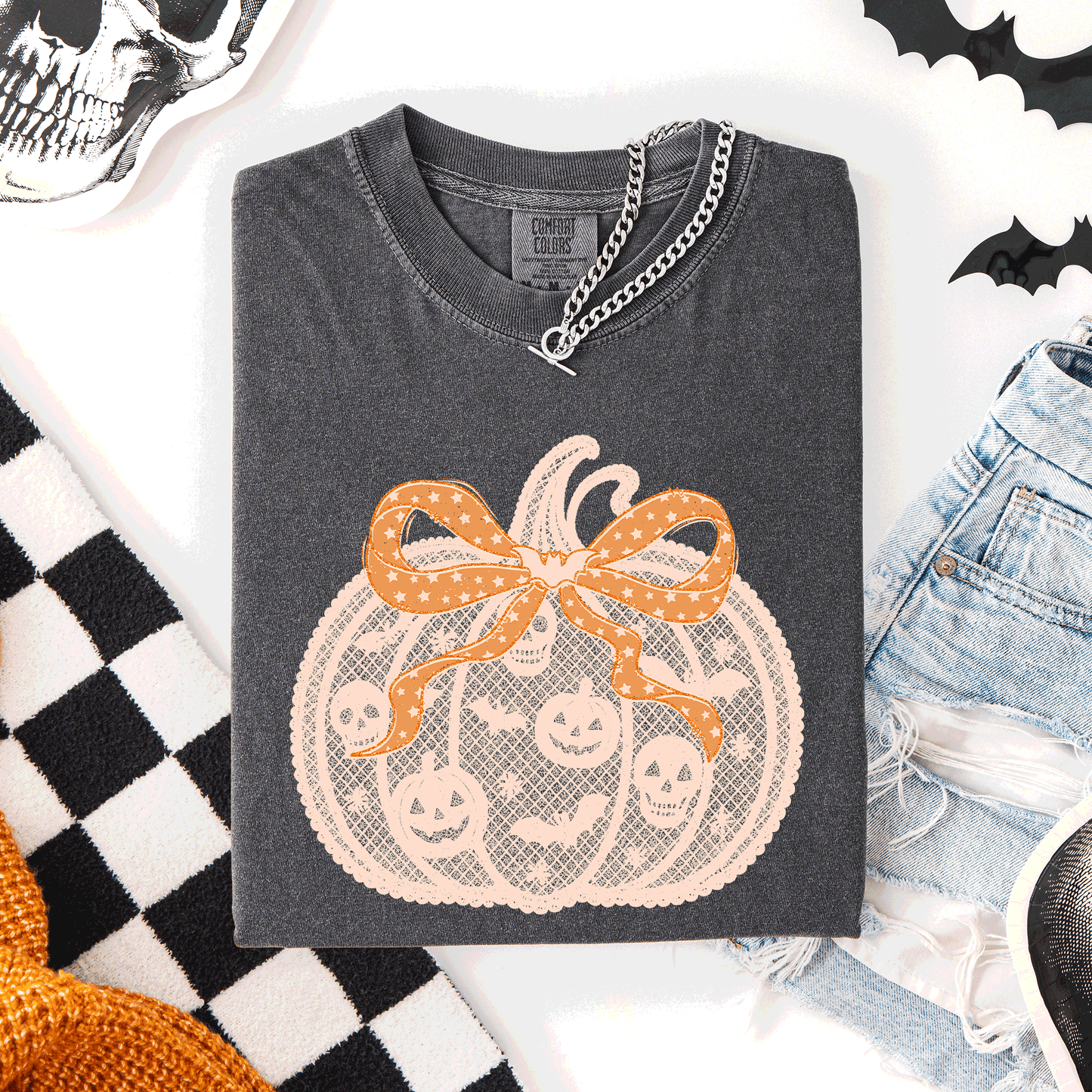 Halloween Pumpkin, Faux Lace, Coquette, Ribbon, Bows, Comfort Colors T-Shirt