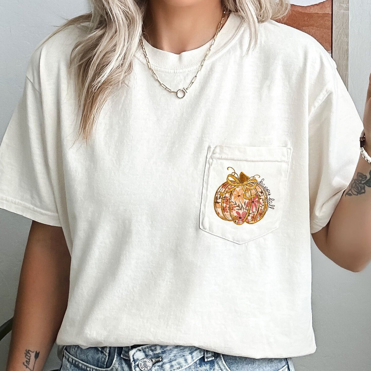 Happy Fall, Pumpkin, Thanksgiving, Flowers, Pocket Tee Comfort Colors T-Shirt