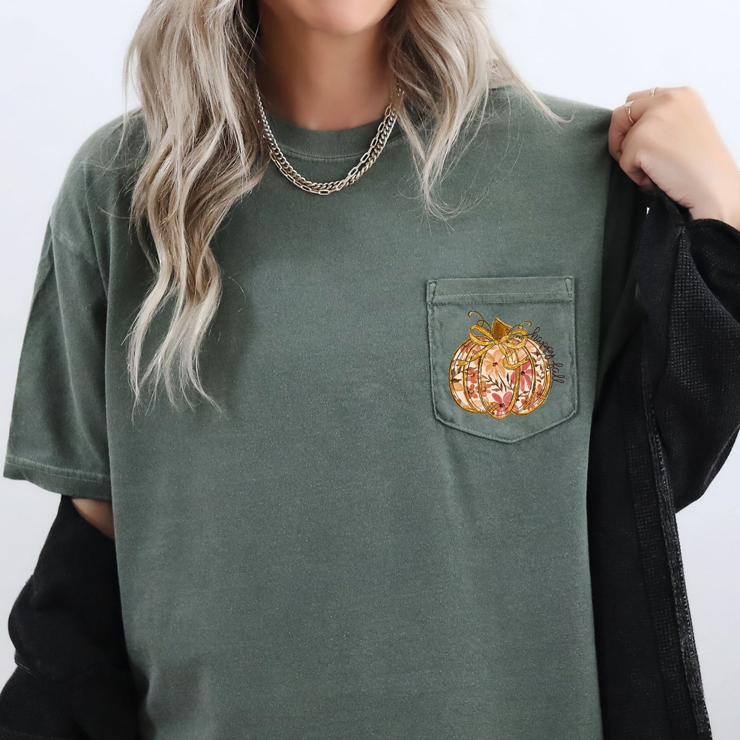 Happy Fall, Pumpkin, Thanksgiving, Flowers, Pocket Tee Comfort Colors T-Shirt