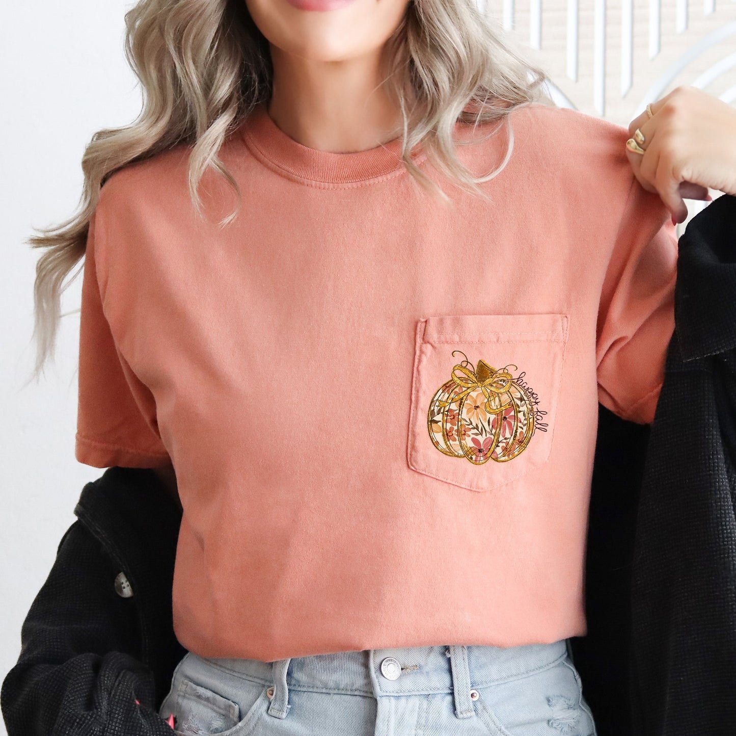 Happy Fall, Pumpkin, Thanksgiving, Flowers, Pocket Tee Comfort Colors T-Shirt