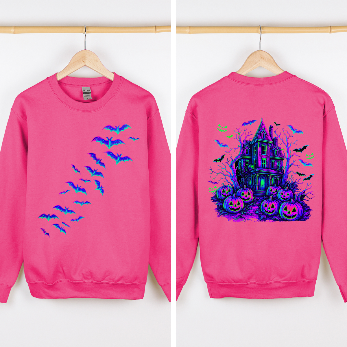 Haunted House, Halloween, Bright Colors, Bats, Spooky, Ghosts Sweatshirt- made to order