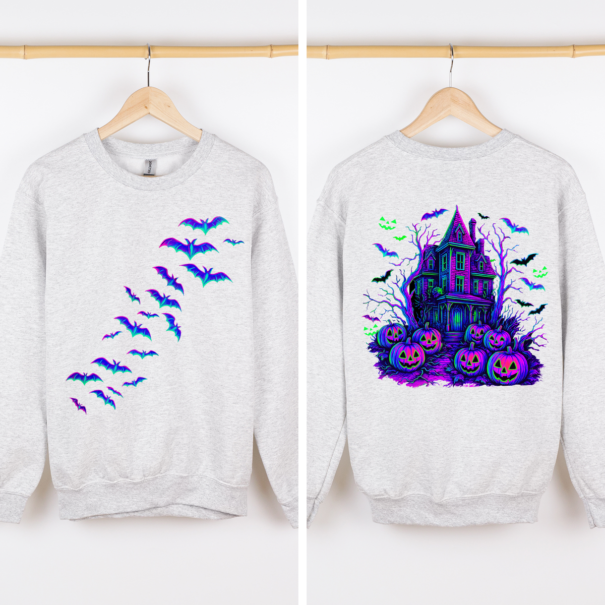 Haunted House, Halloween, Bright Colors, Bats, Spooky, Ghosts Sweatshirt- made to order