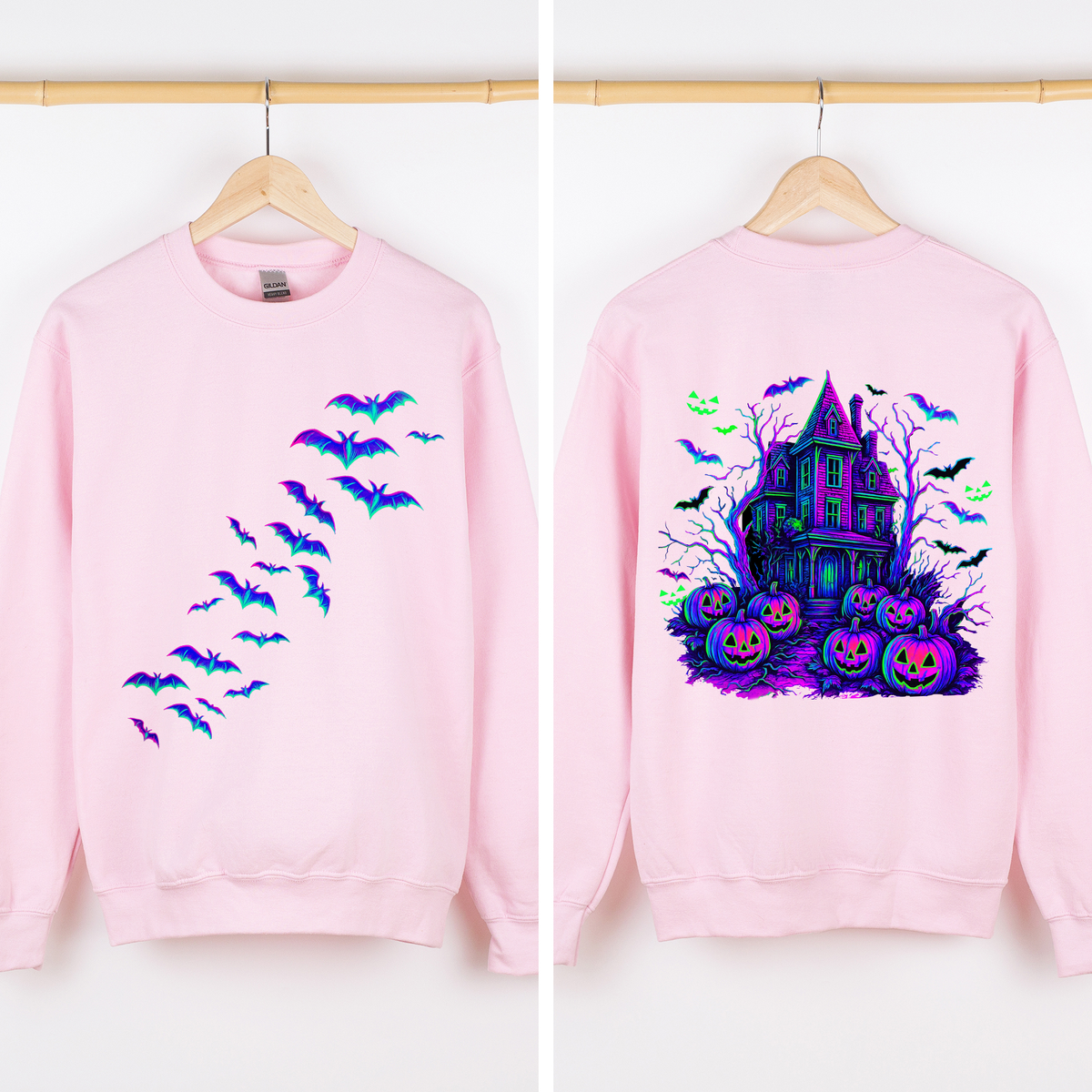 Haunted House, Halloween, Bright Colors, Bats, Spooky, Ghosts Sweatshirt- made to order