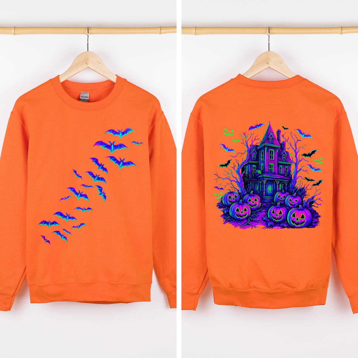 Haunted House, Halloween, Bright Colors, Bats, Spooky, Ghosts Sweatshirt- made to order