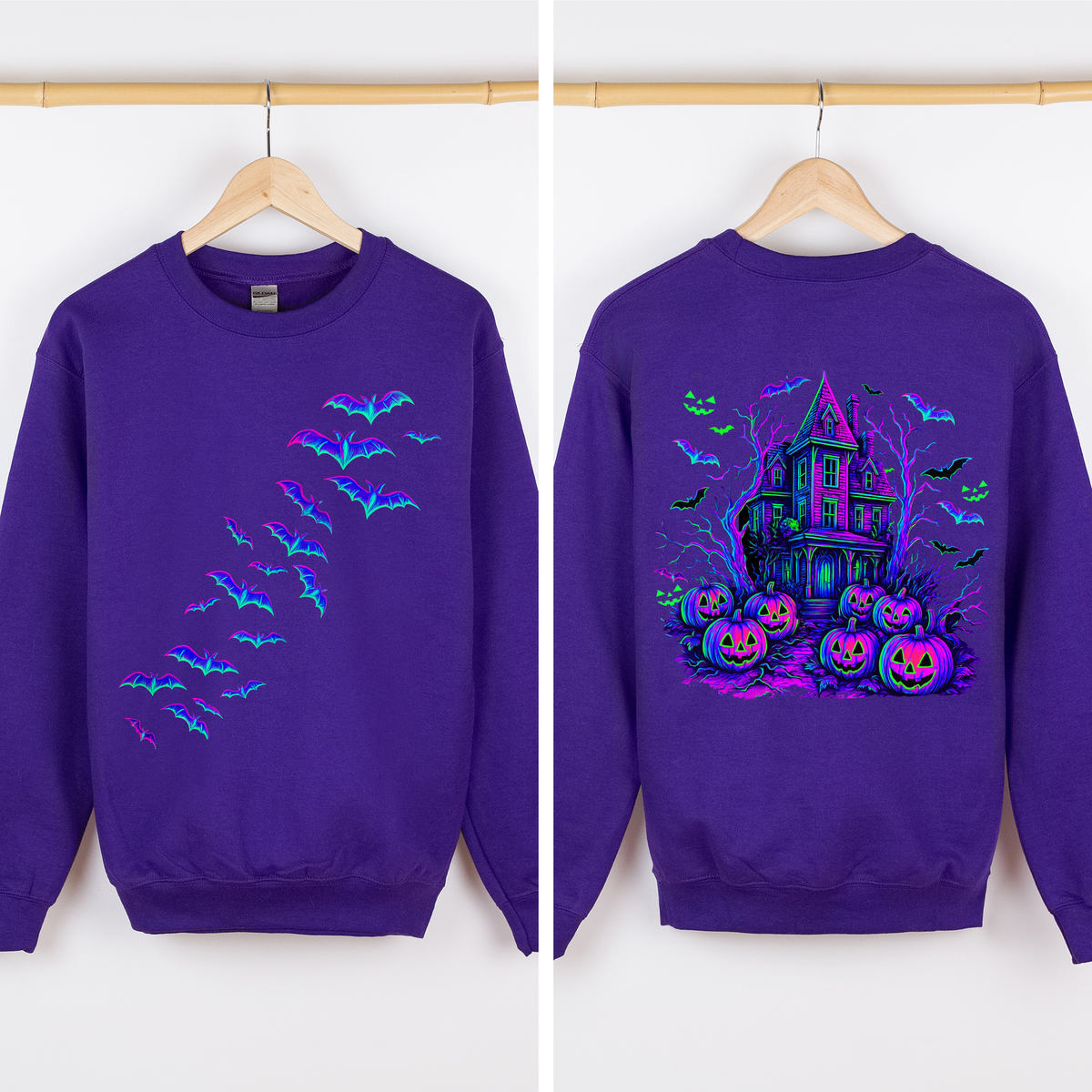 Haunted House, Halloween, Bright Colors, Bats, Spooky, Ghosts Sweatshirt- made to order