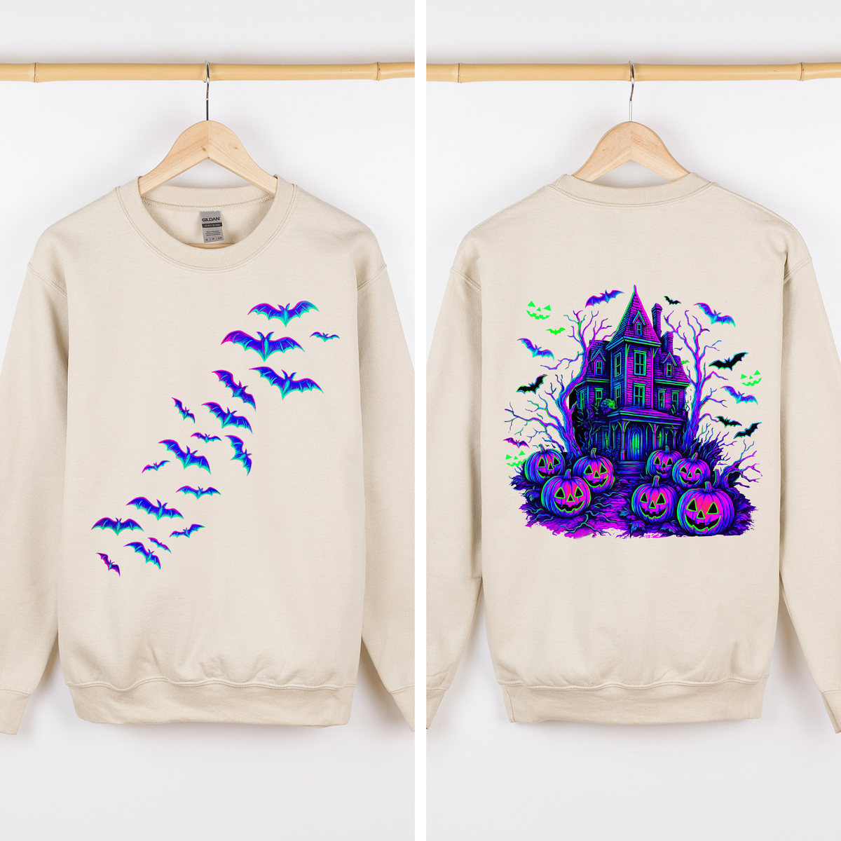 Haunted House, Halloween, Bright Colors, Bats, Spooky, Ghosts Sweatshirt- made to order