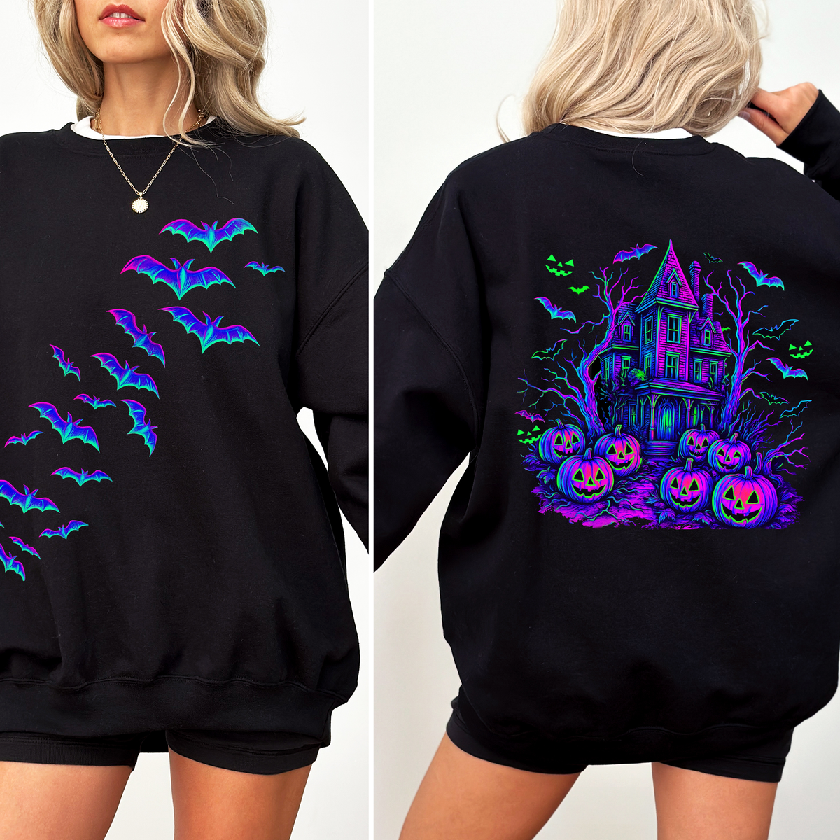Haunted House, Halloween, Bright Colors, Bats, Spooky, Ghosts Sweatshirt- made to order