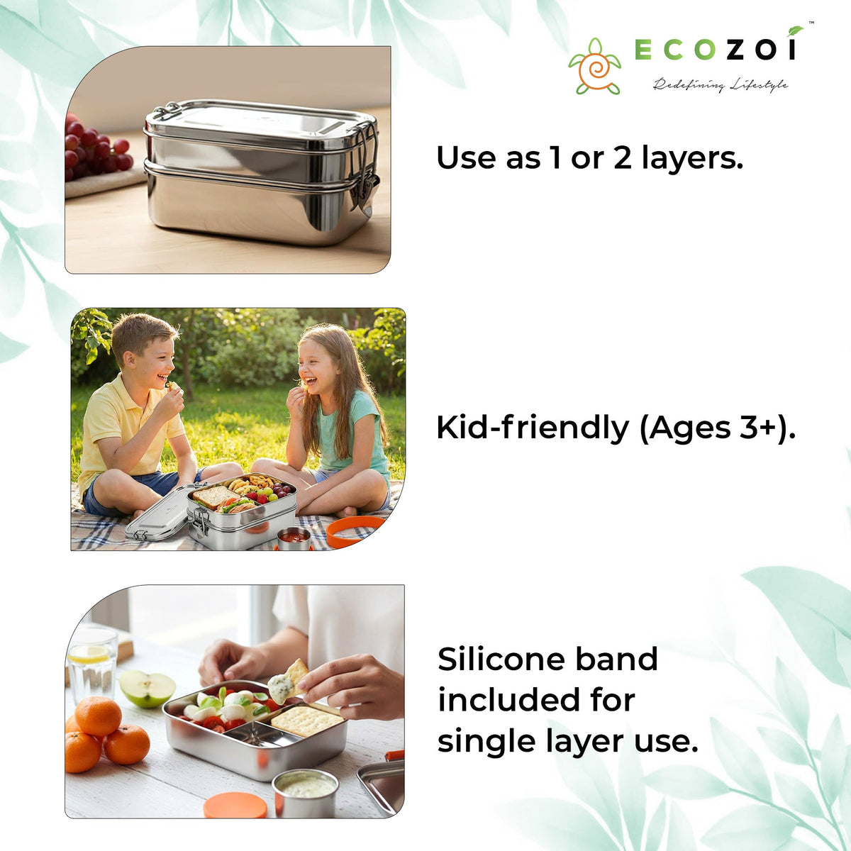 Ecozoi Stainless Steel Bento Lunch Box for Kids and Adults, 3 Compartment, Solid Print, 2 Tier Leak Proof, 60 oz