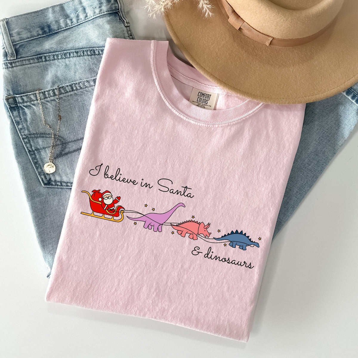 I Believe In Santa and Dinosaurs, Sleigh, Reindeer, Funny, Christmas, Winter, Xmas Tshirt Comfort Colors T-Shirt