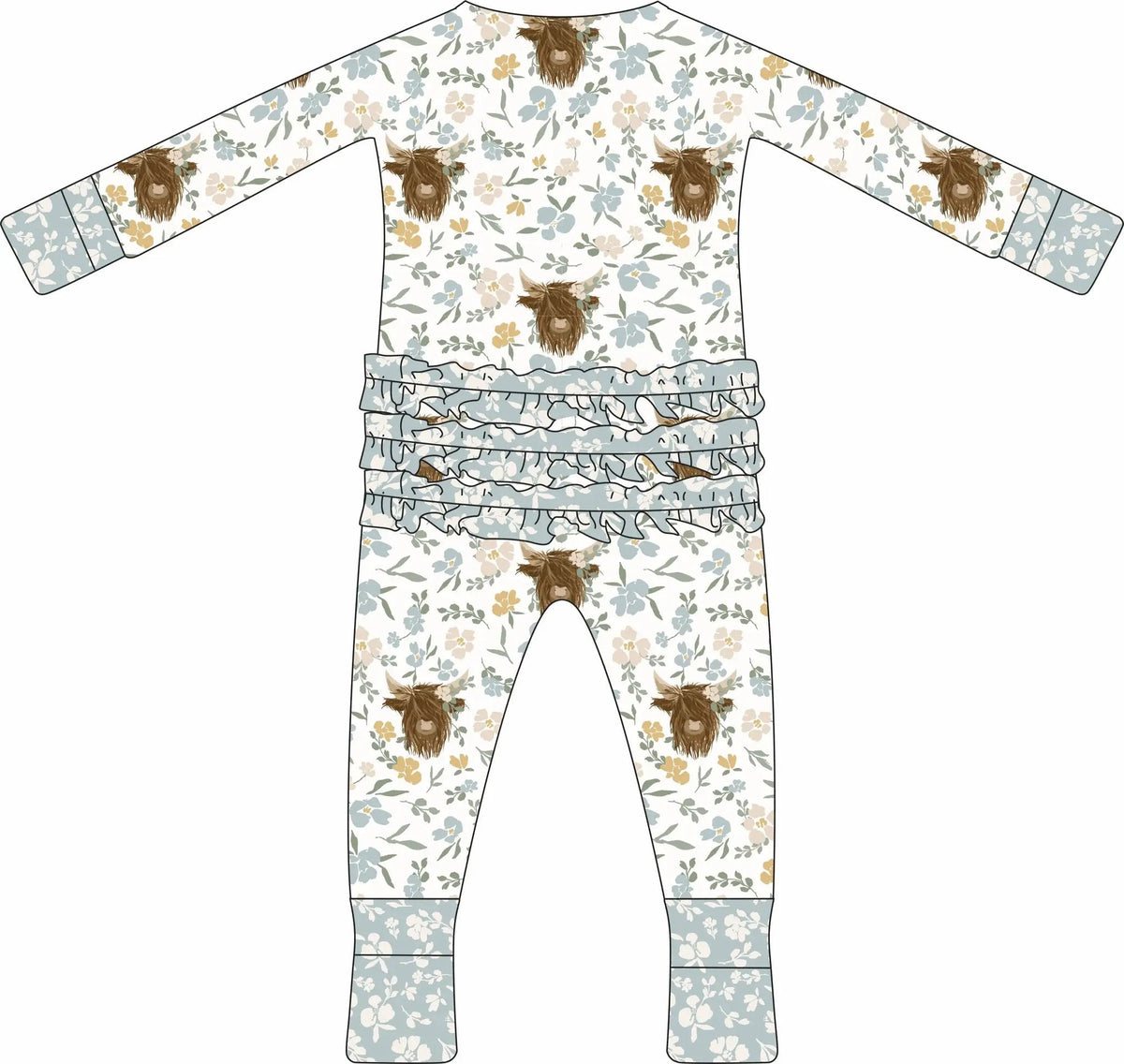 Max and Pippa - Bamboo Floral Highland Cow Zippie Convertible Pajamas