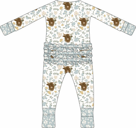 Max and Pippa - Bamboo Floral Highland Cow Zippie Convertible Pajamas
