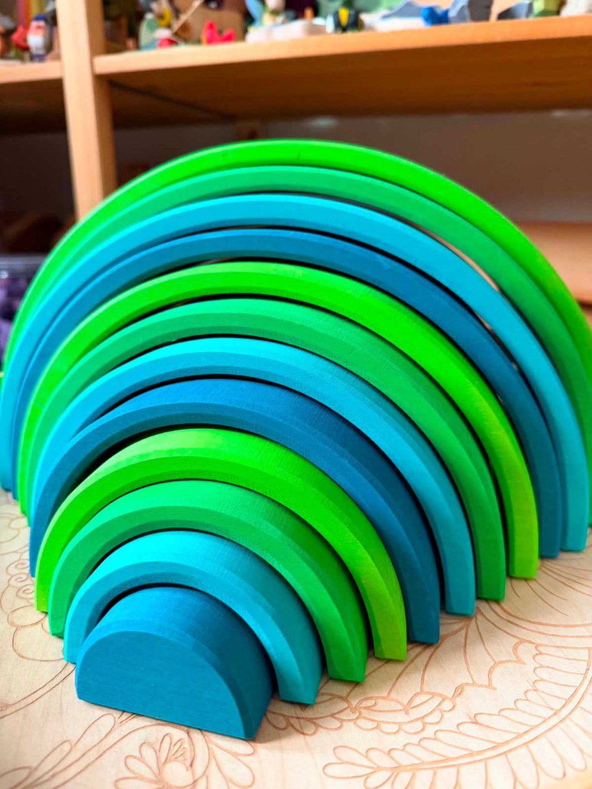 12-Piece Stained Large Basswood Rainbow Stacking Blocks | Meadow Green & Forest Green