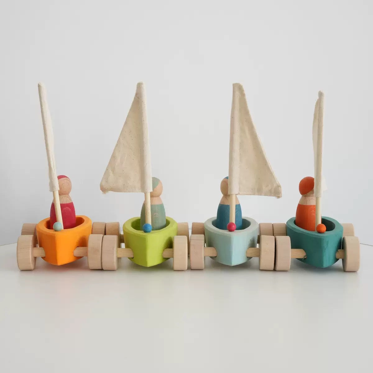 4 Pcs STAINED Wooden Land Yachts Set with 4 Peg Dolls