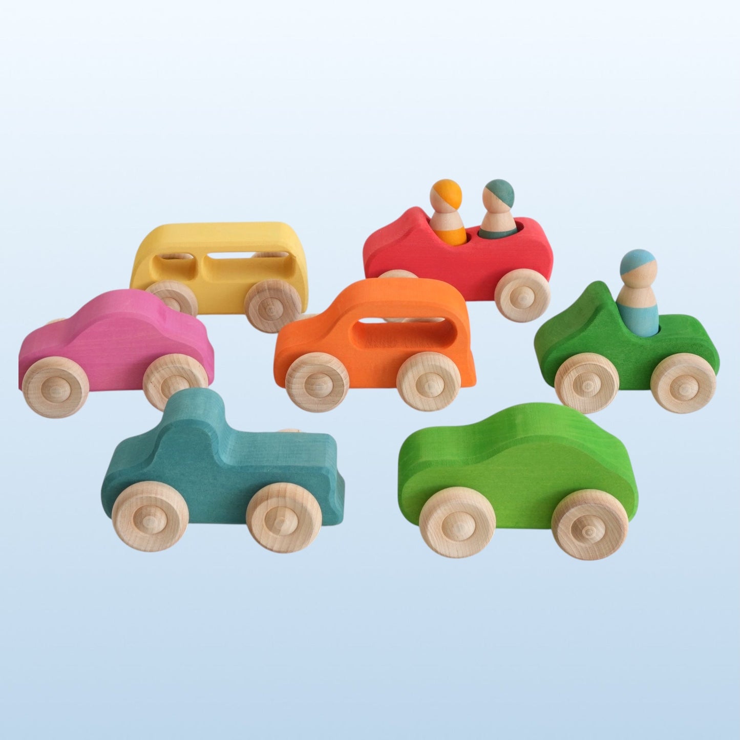 7 Pcs Colored Wooden Rainbow Cars Set with 3 Peg Dolls