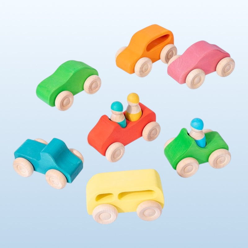 7 Pcs Colored Wooden Rainbow Cars Set with 3 Peg Dolls