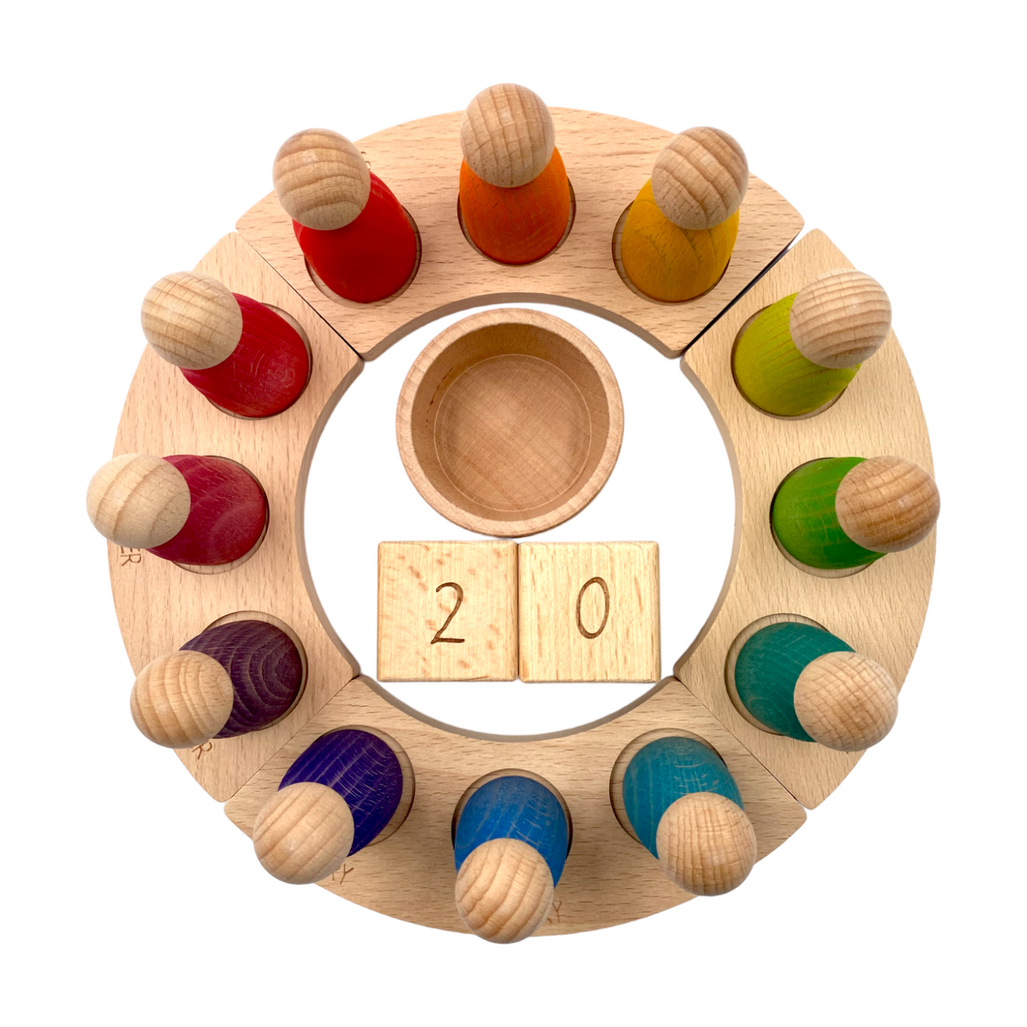 **Pre-order (Ships in 2-3 Weeks)**Wooden Perpetual Calendar with 12 Stained Rainbow Peg Figures