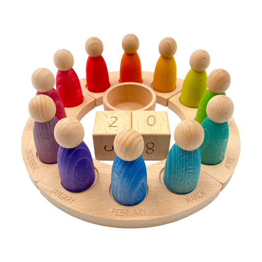 **Pre-order (Ships in 2-3 Weeks)**Wooden Perpetual Calendar with 12 Stained Rainbow Peg Figures