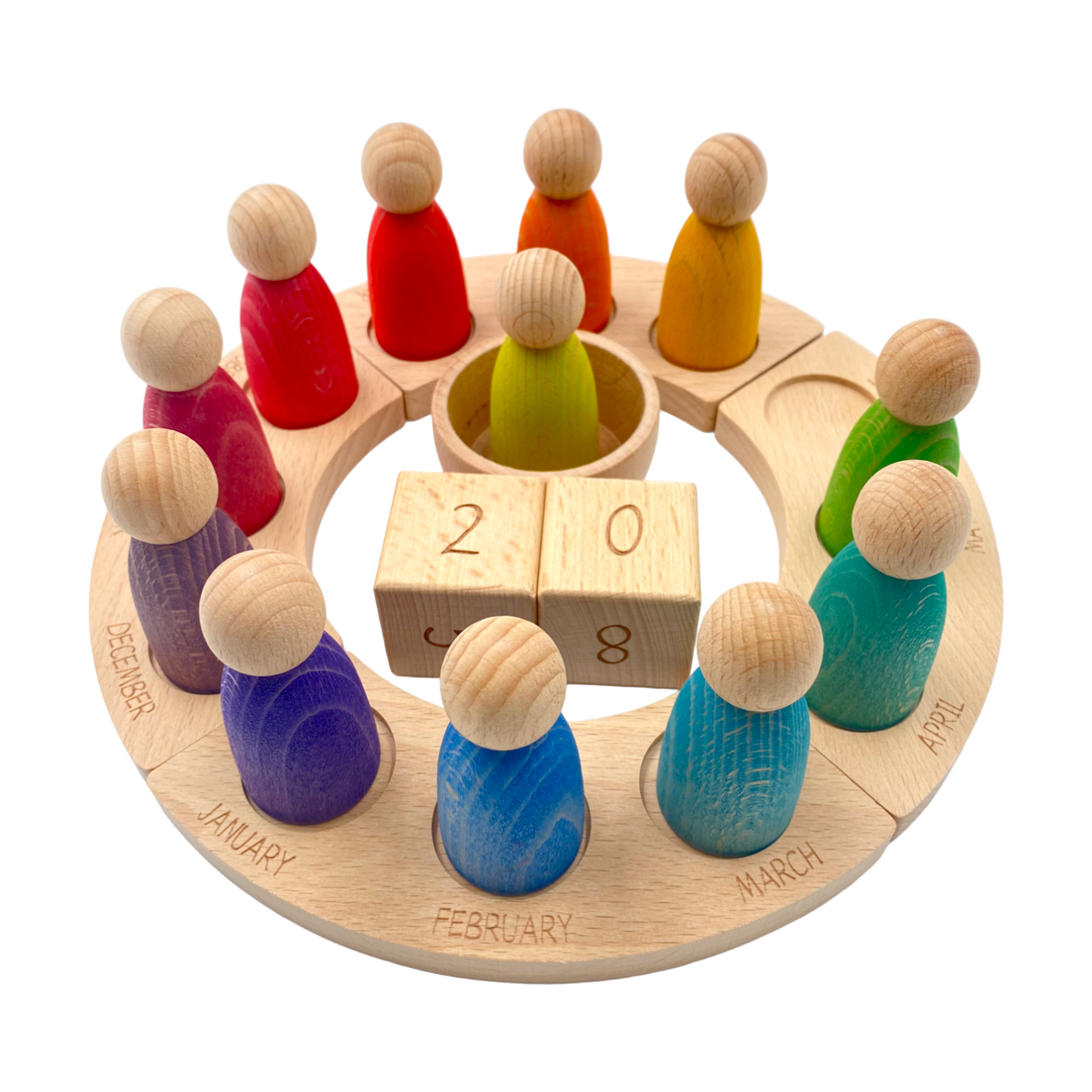 **Pre-order (Ships in 2-3 Weeks)**Wooden Perpetual Calendar with 12 Stained Rainbow Peg Figures