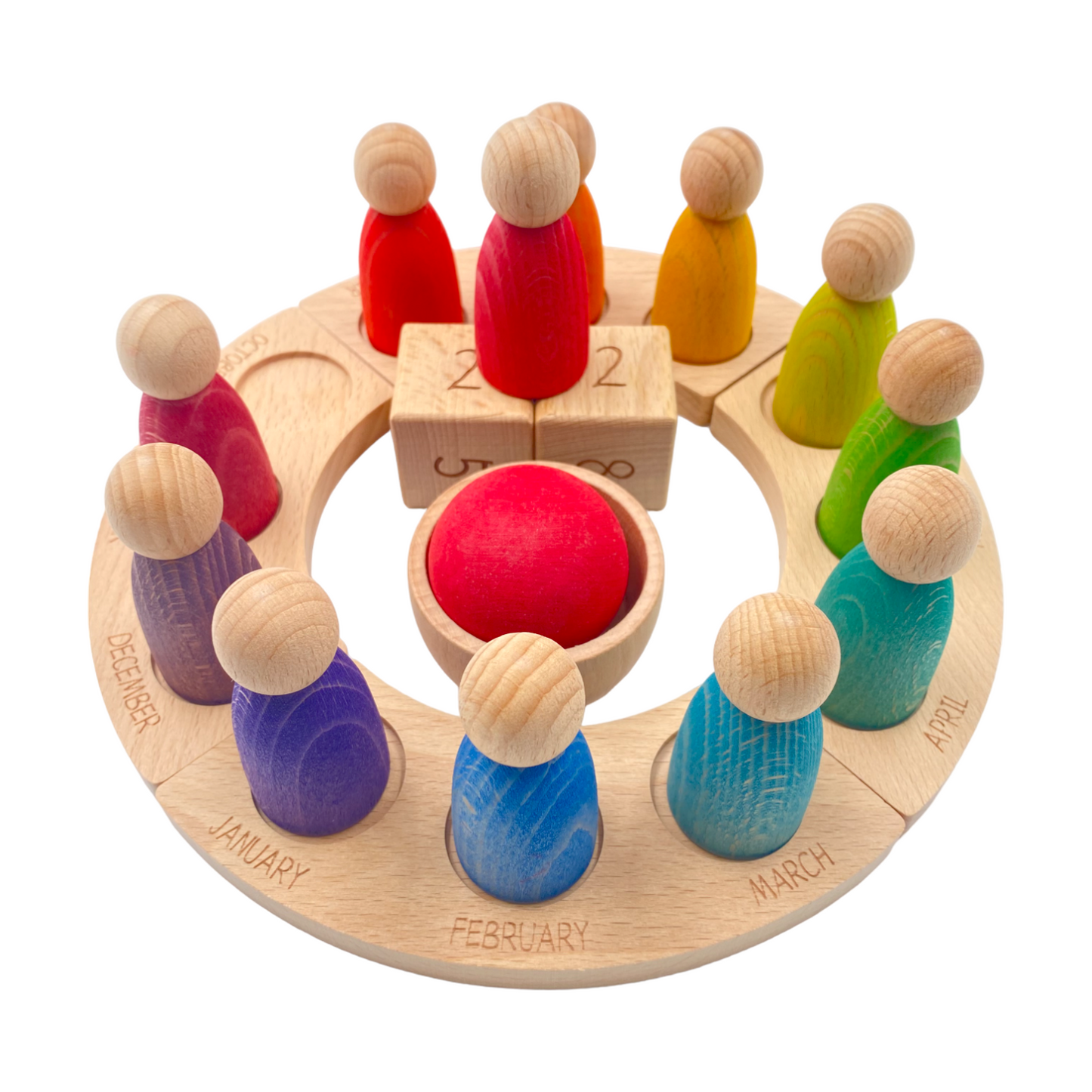 **Pre-order (Ships in 2-3 Weeks)**Wooden Perpetual Calendar with 12 Stained Rainbow Peg Figures