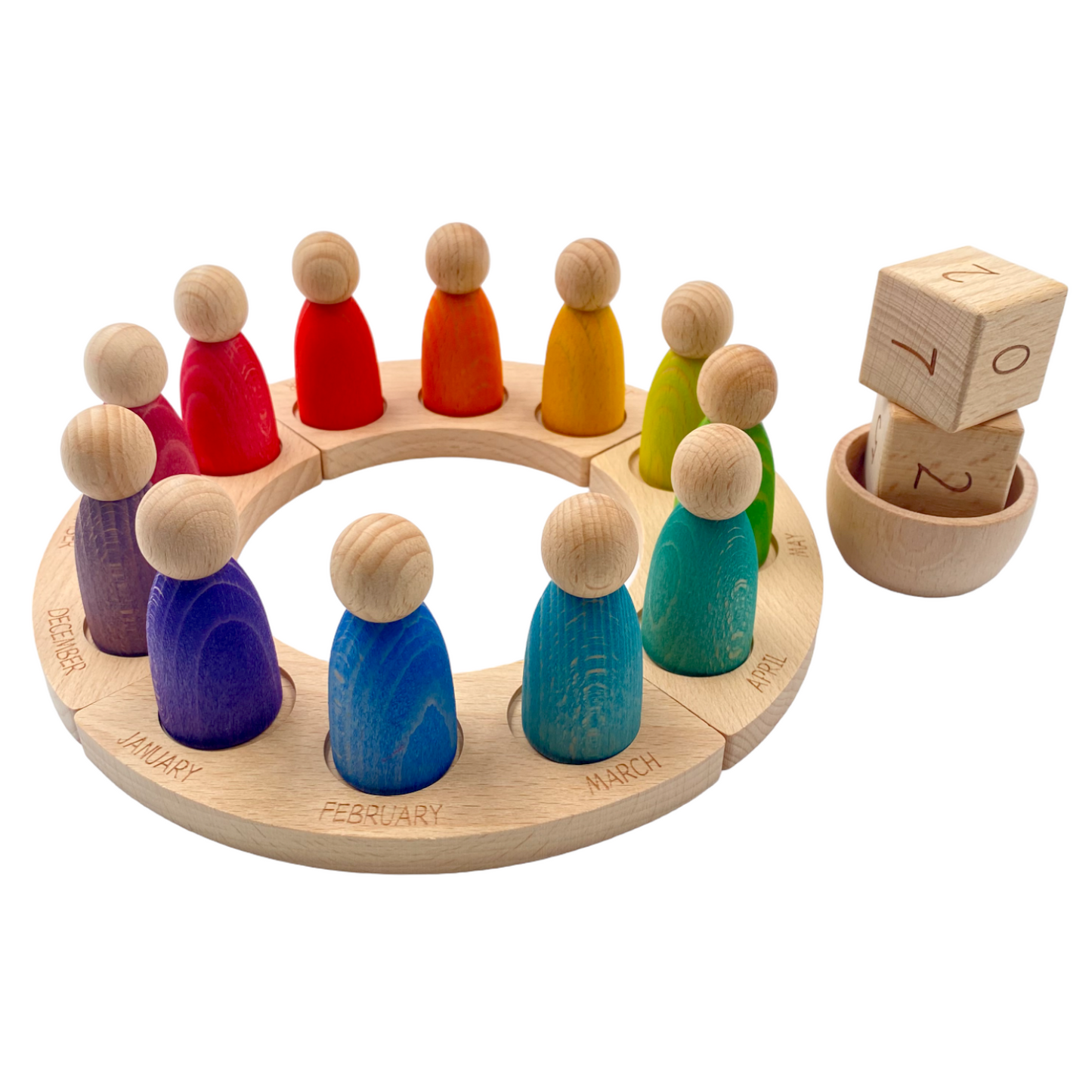 **Pre-order (Ships in 2-3 Weeks)**Wooden Perpetual Calendar with 12 Stained Rainbow Peg Figures