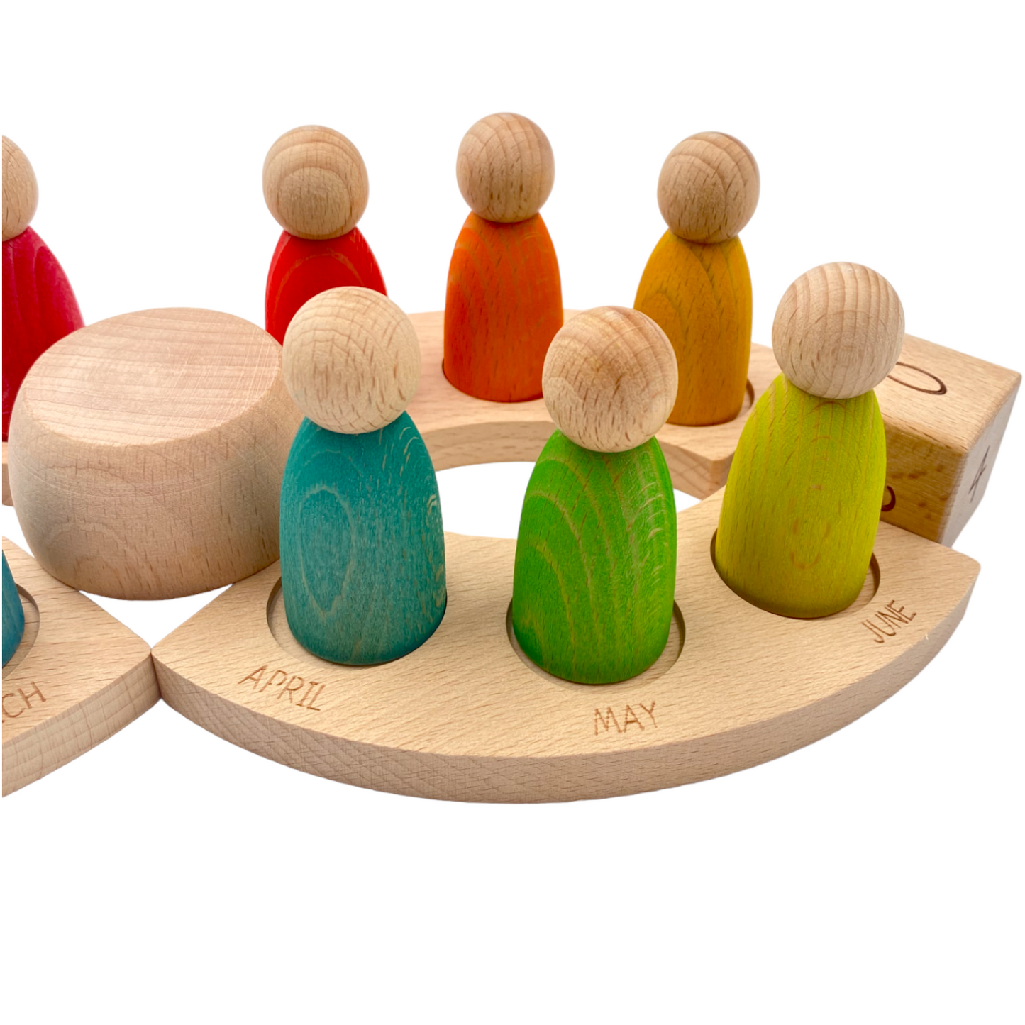 **Pre-order (Ships in 2-3 Weeks)**Wooden Perpetual Calendar with 12 Stained Rainbow Peg Figures