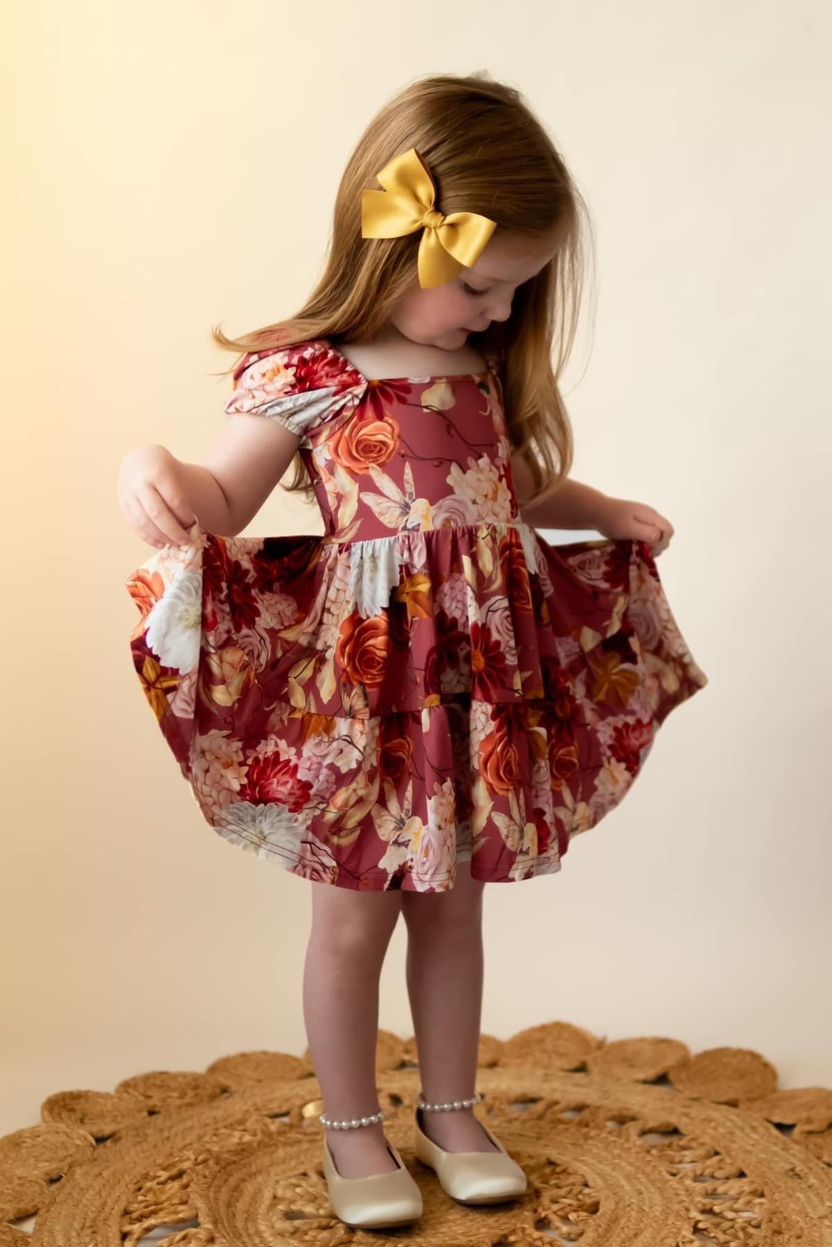 Autumn Fairy Blooms Puff Sleeve Twirl Dress