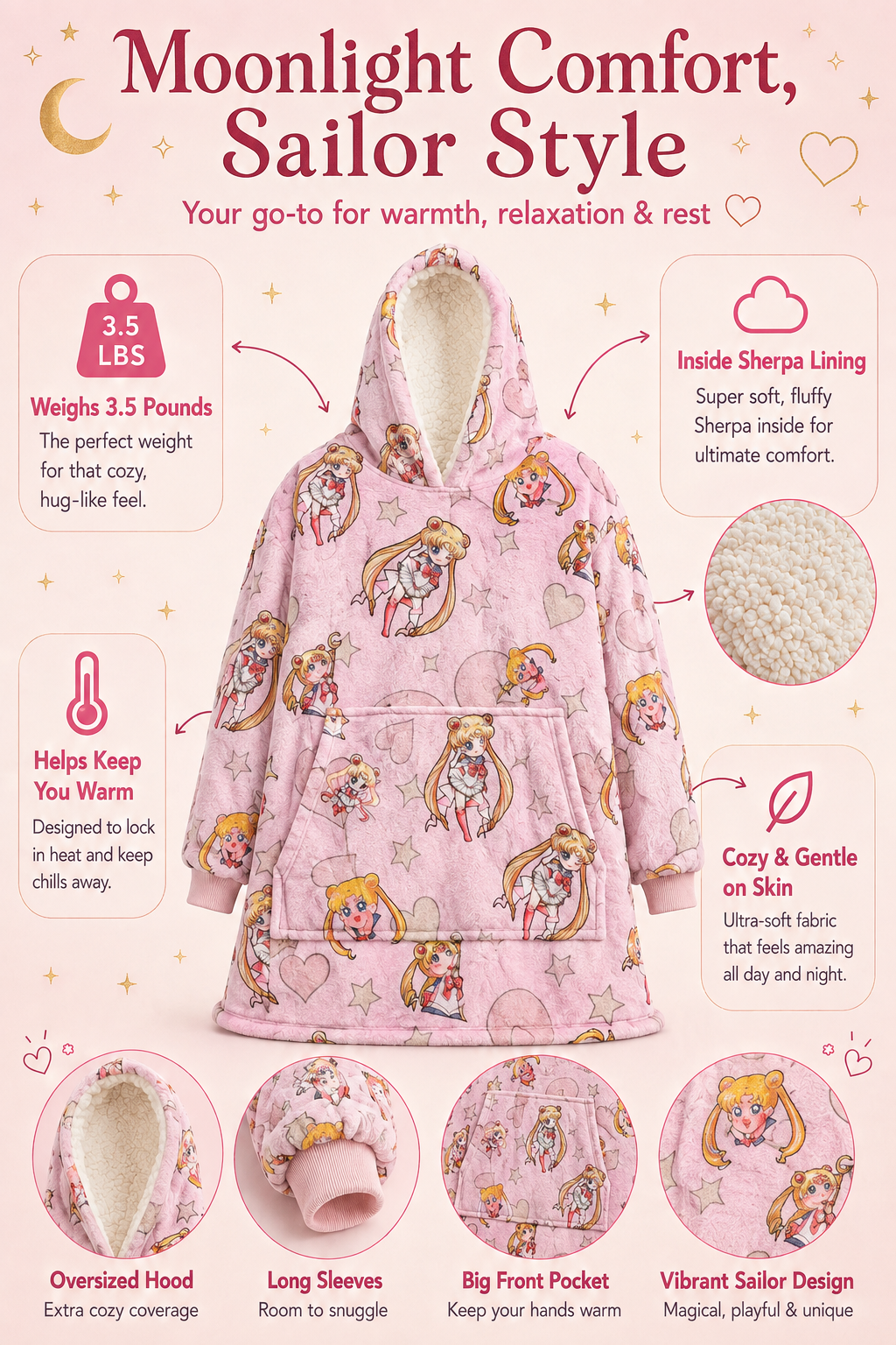 Sailor Moon Wearable Blanket Hoodie for Kids & Adults | OLM Toys