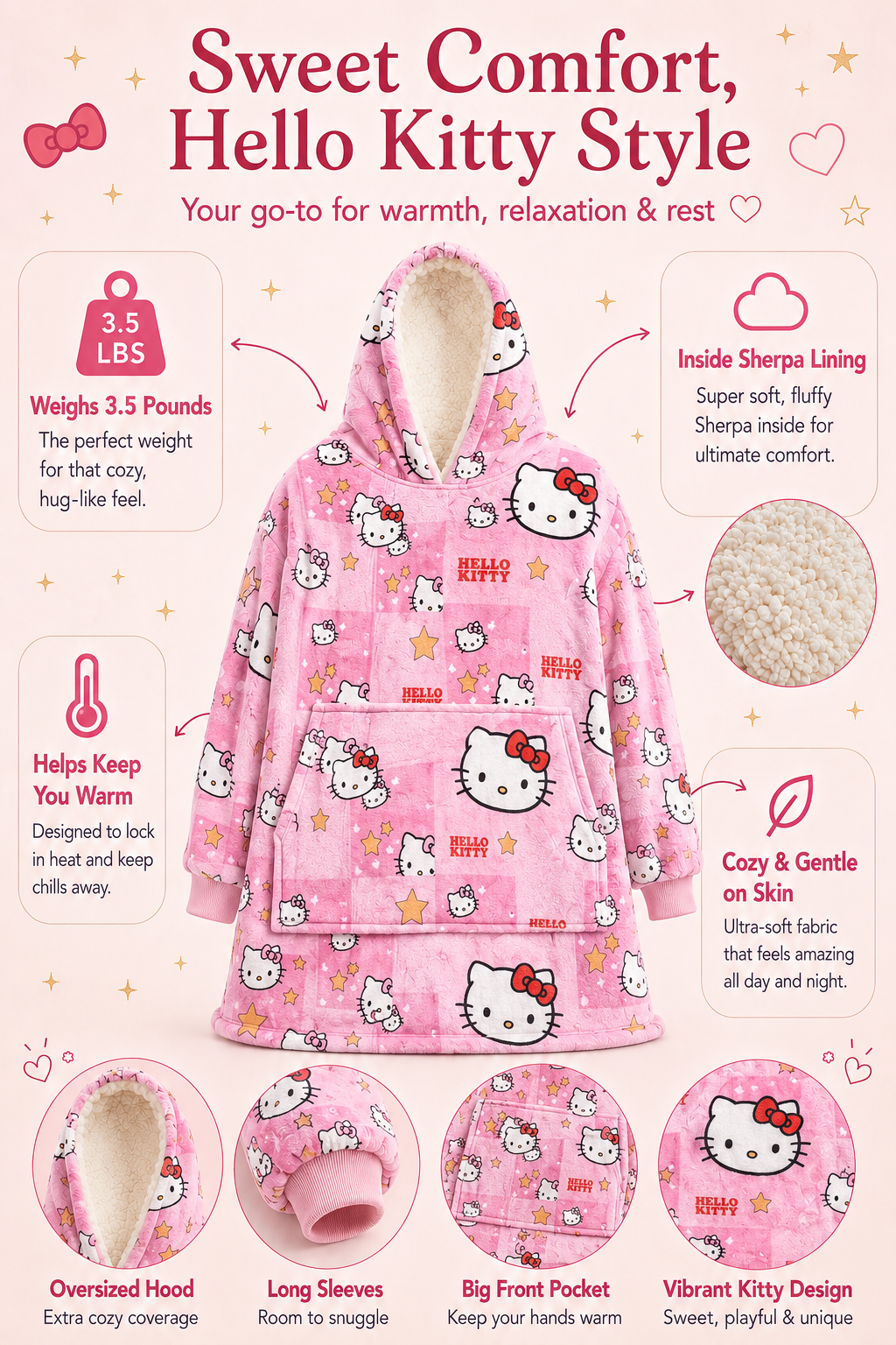 Hello Kitty Wearable Blanket Hoodie for Kids & Adults | OLM Toys
