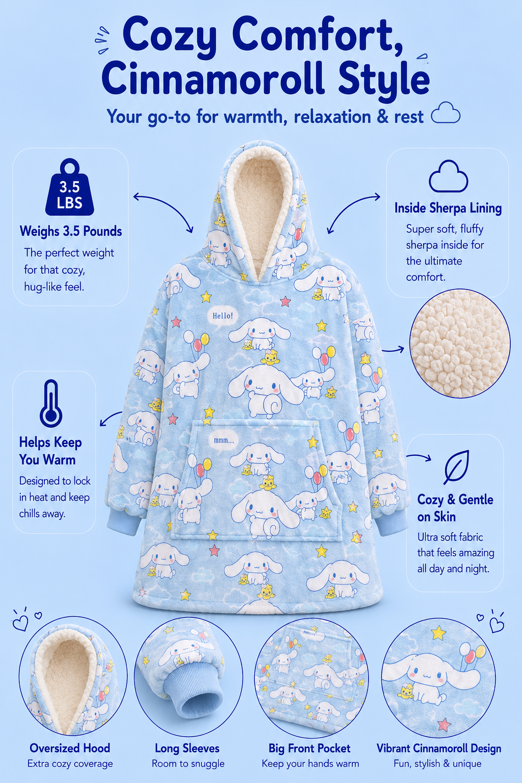 Cinnamoroll hello kitty Wearable Blanket Hoodie for Kids & Adults | OLM Toys