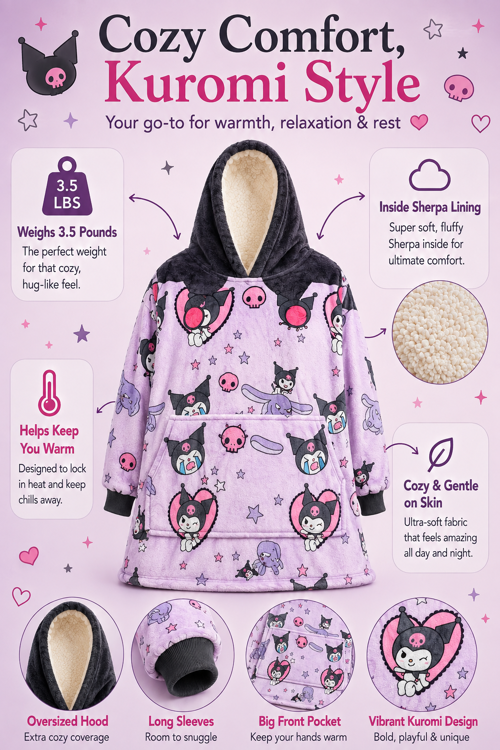 Kuromi Hello Kitty Wearable Blanket Hoodie for Kids & Adults | OLM Toys