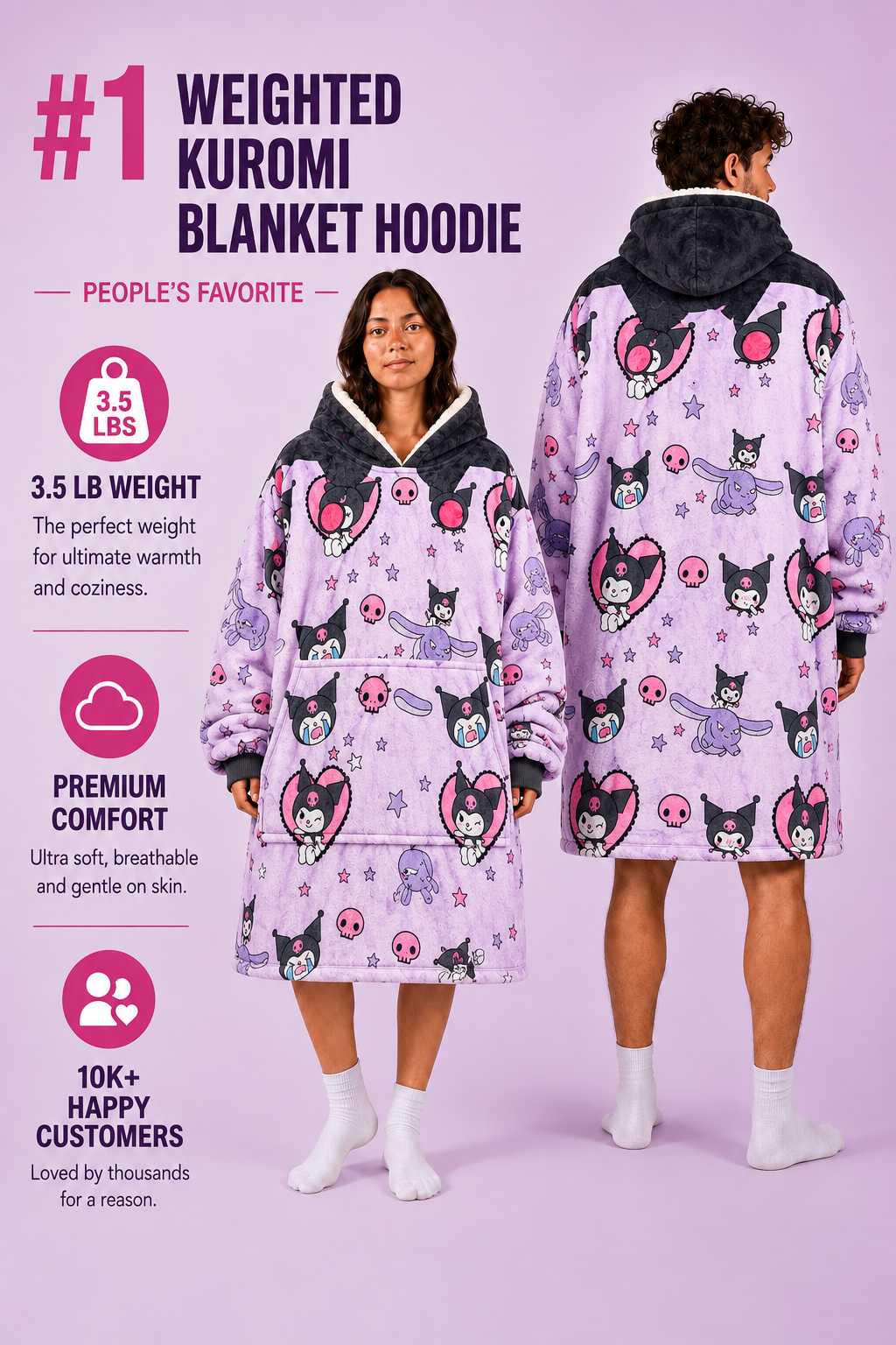 Kuromi Hello Kitty Wearable Blanket Hoodie for Kids & Adults | OLM Toys