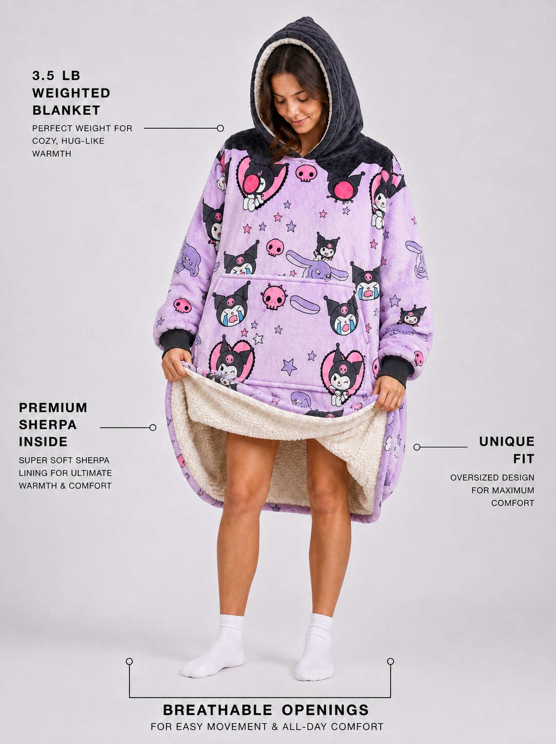 Kuromi Hello Kitty Wearable Blanket Hoodie for Kids & Adults | OLM Toys