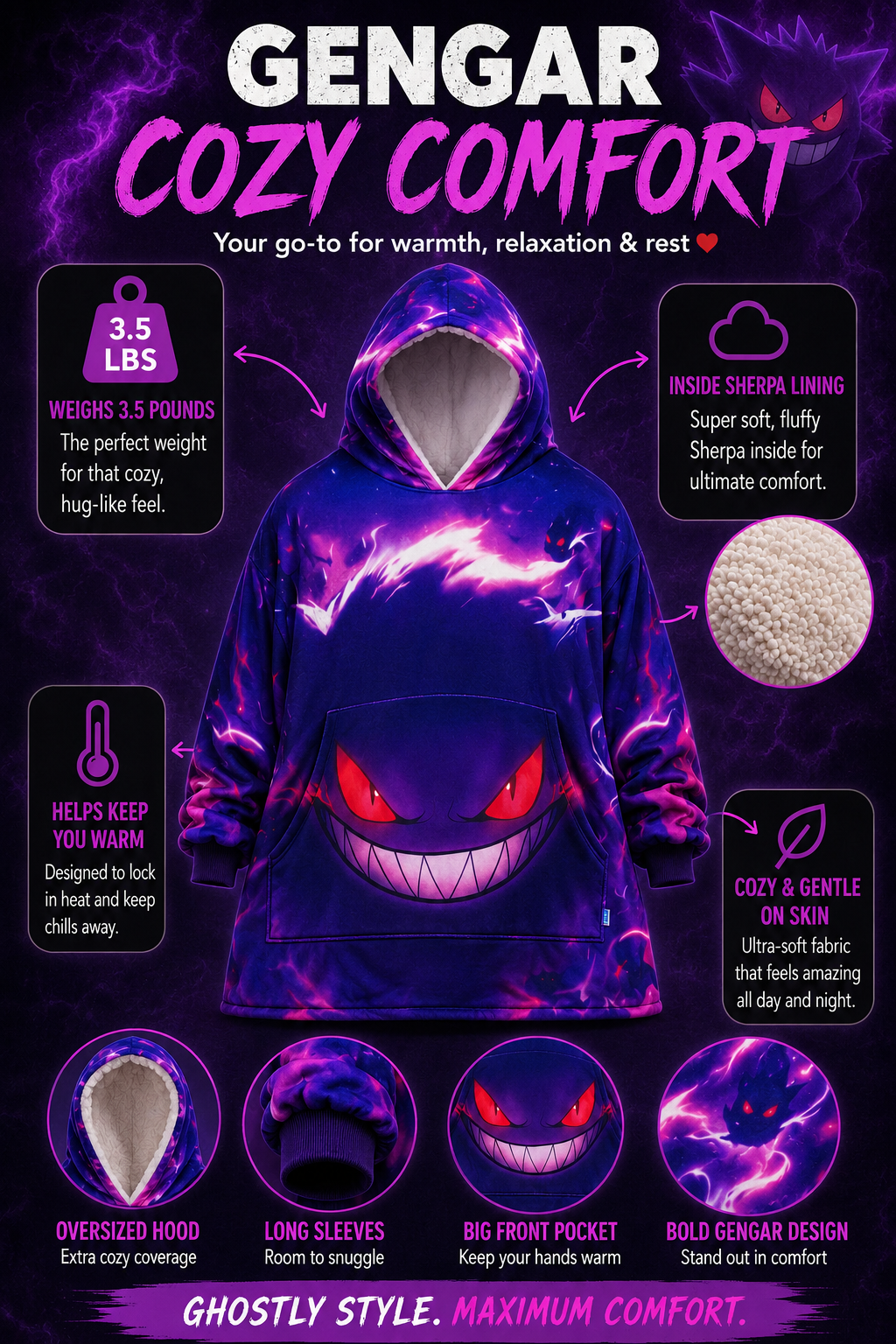 Gengar Wearable Blanket Hoodie for Kids & Adults