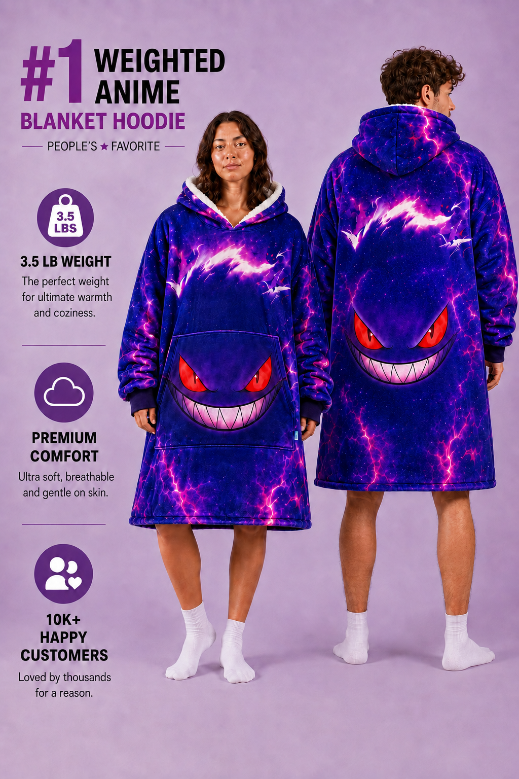 Gengar Wearable Blanket Hoodie for Kids & Adults