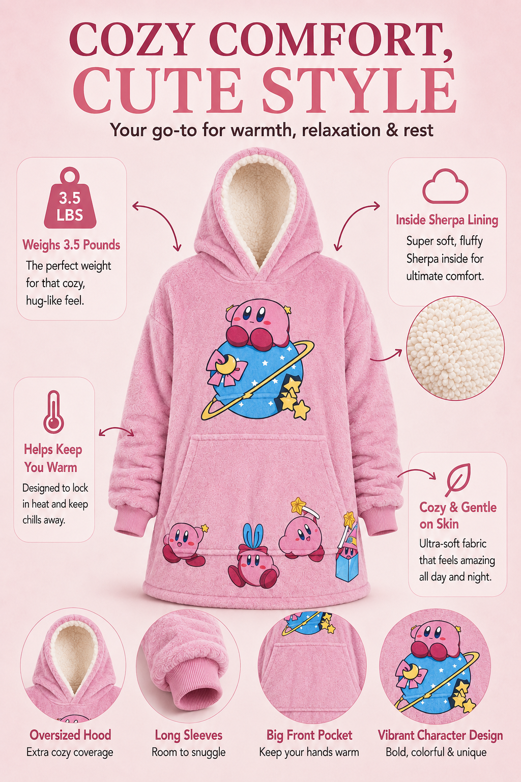 Kirby Wearable Blanket Hoodie for Kids & Adults | OLM Toys