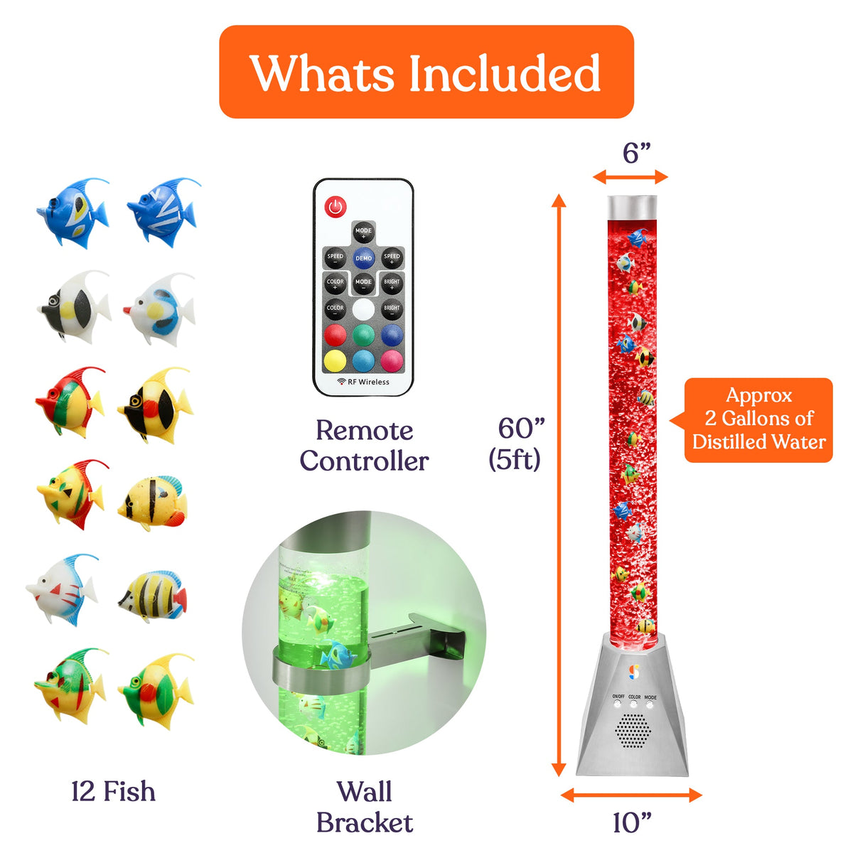 Special Supplies Aquarium Sensory Bubble Tube Lamp - 4ft Color-Changing LED with Remote, 5 Fishes, Nightlight Effect & Bluetooth Speaker