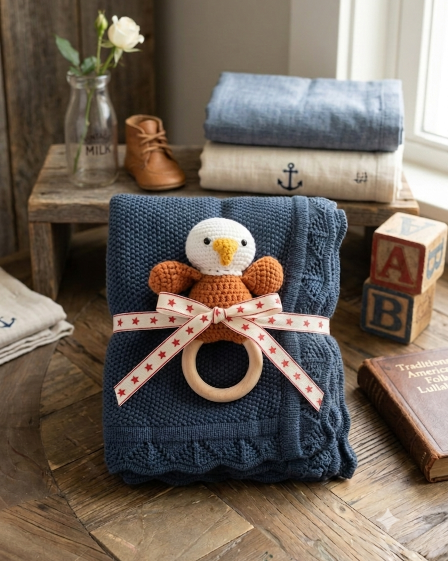 Americana Baby Knit & Rattle Set