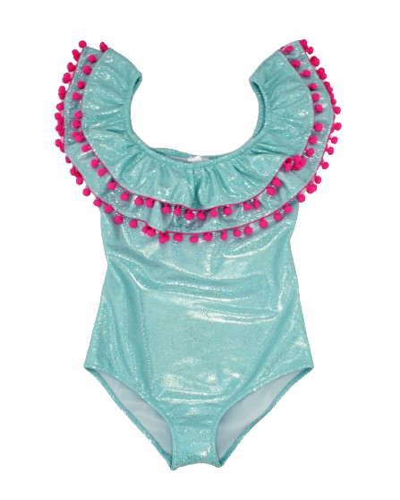 SISSI AQUA GLITTER HOT PINK POMPON  ONE PIECE swimsuit