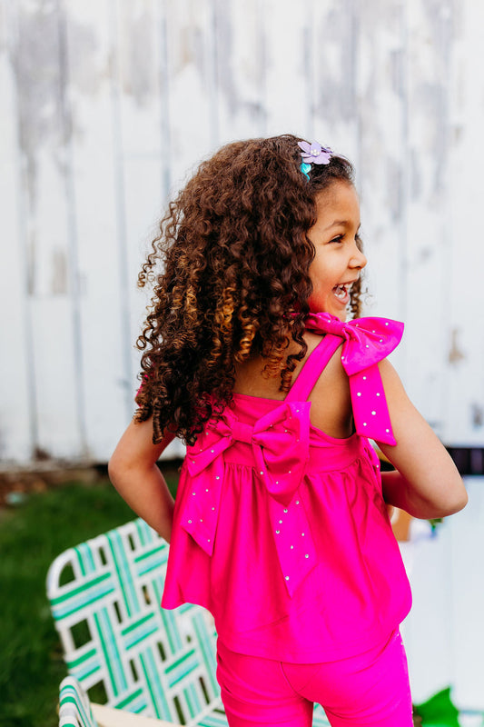Magenta Bow Two-Piece Gem Stamped Athletic Set