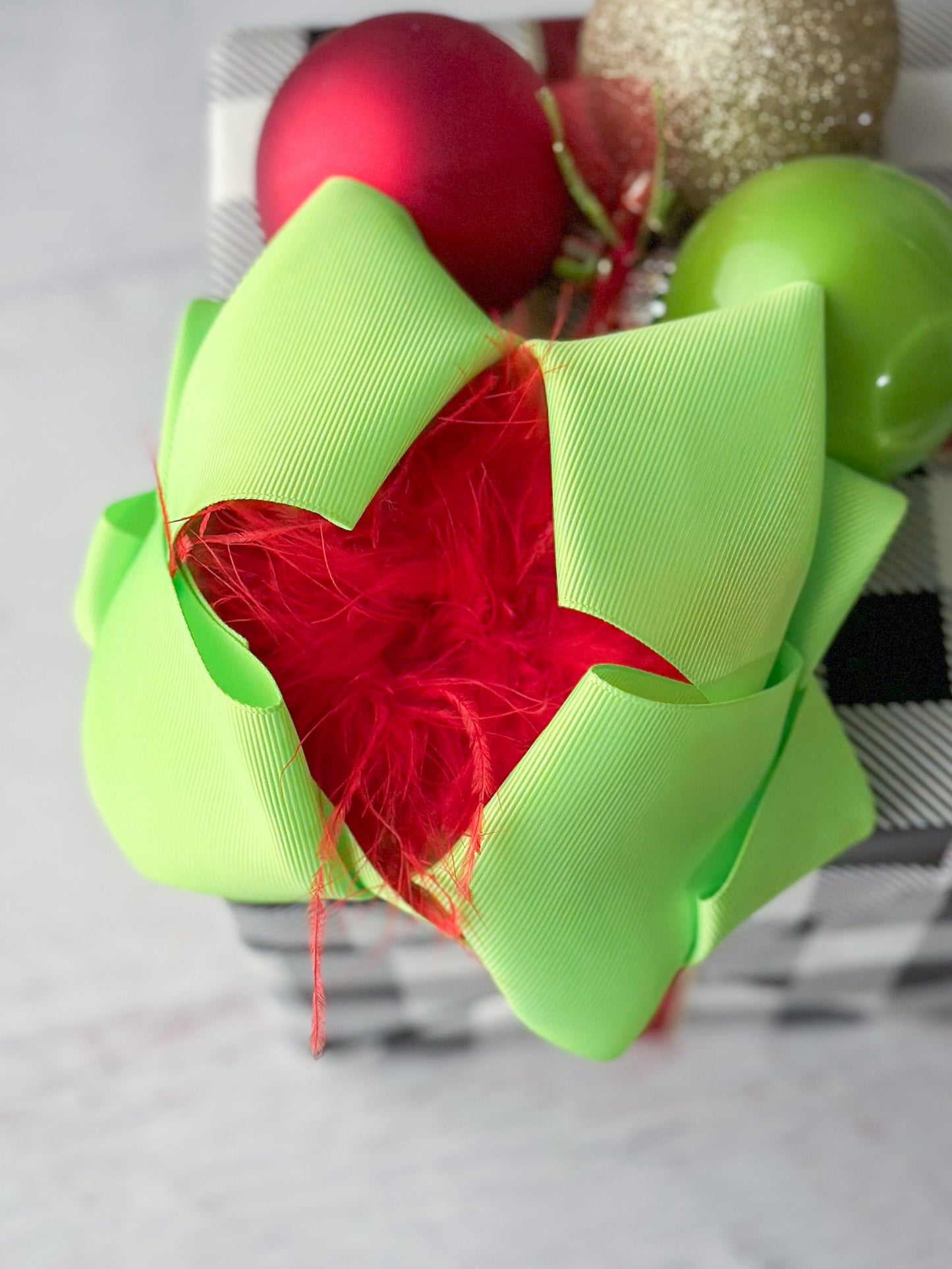 Lime & Red Feather Puff Hair Bow - Alligator Clip - 6"